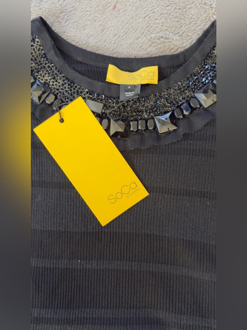 BNWT St. John black ribbed top w/ sequin and bead embellished neckline Size P